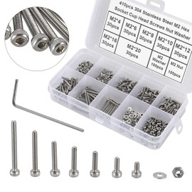 HanTof 410Pcs Tiny Hex Socket Head Cap Screws Bolts, 304 Stainless Steel M2 x 4/6/8/10/12/16/20mm, Micro Allen Head Machine Screws, Nuts and Washers Kit with Hex Wrench, Fully Threaded Pitch: 0.4mm