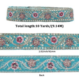 CABODYALS 10 Yards Vintage Ethnic Style Cyan Jacquard Ribbon Gold Embroidery Vintage Polyester Metallic Floral Pattern Embroidered Trim Woven Sequin Ribbons for Sewing Making Crafts Supply Dress Decor