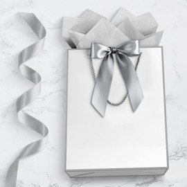 JMANNI Gift Bag, 1PCS Gift Bags Large with Ribbon and 1 Greeting Cards 2 Tissue Paper, Portable Paper Gift Bag with Handles, Birthday Gift Bags,Present Bags for Wedding Party Mothers Day(White-Sliver)