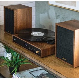 Crosley CR7019A-WA Alto 3-Speed Turntable Shelf System with Bluetooth, FM Radio, and Matching Stereo Speakers, Walnut