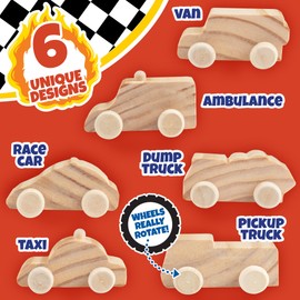 Kids Party Wood Painting Craft Kits (12ct) 3-D Cars - Each Kit Has its Own Brush, Paint, & Figure- 6 Designs Include Taxi, Trucks & More w Bonus Customizable Sticker Decals- Summer Camp Party Activity
