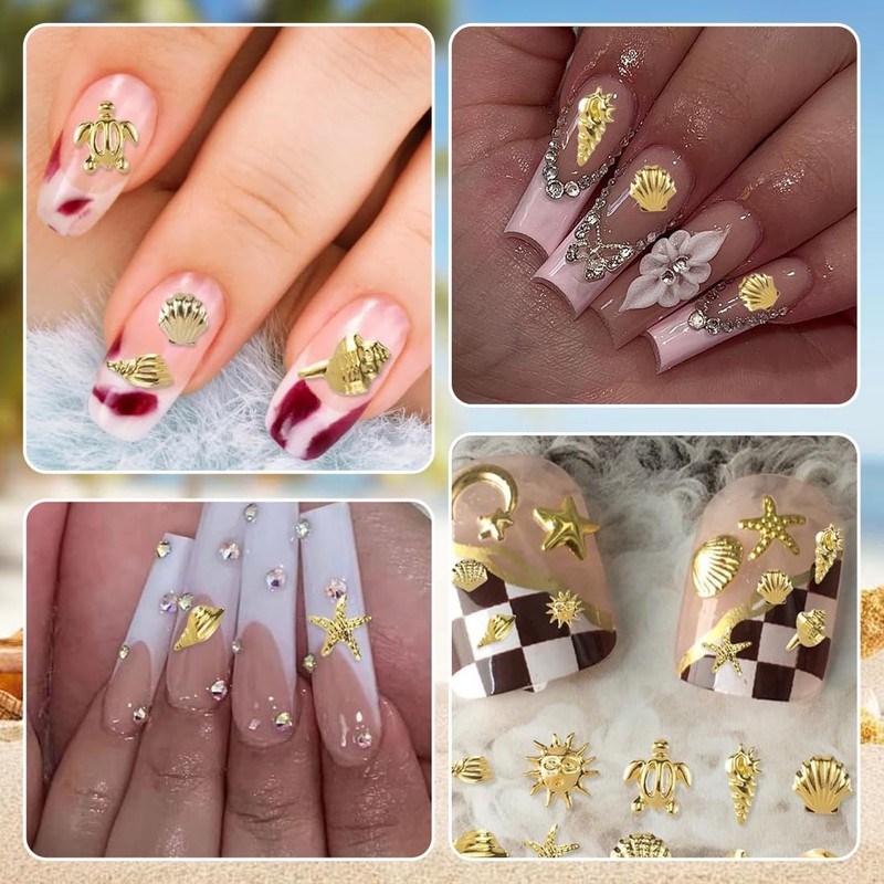 NOPKESV 3D Gold Seesterne Shell Nail Charms, Nail Art Dekoration,