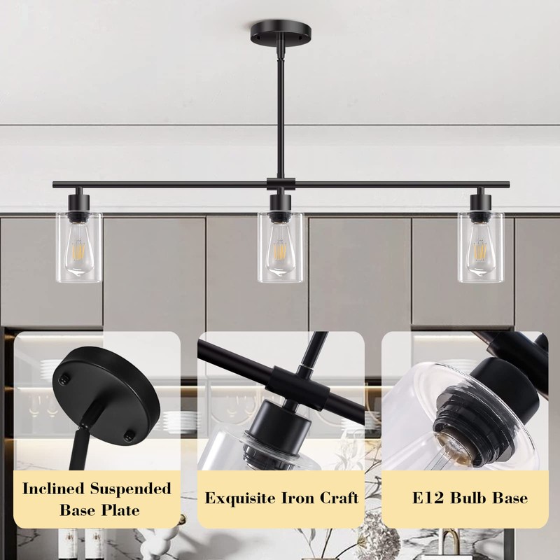 Yarlkav Kitchen Island Lighting, 3 Lights Linear Chandeliers Rectangle Pendant