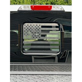 Truck Rear Middle Window Perforated American Flag Decal – See-Through Matte Black Vinyl for Ford F150 (2015–2025) & F250/F350 Super Duty (2017–2025) – Subdued Patriotic Rear Window Graphic 13" x 11"