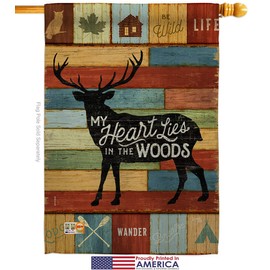 Breeze Decor Lodge My Heart Lies in The Woods House Flag Outdoor Rustic Lake Cabin Moose Wildlife Adventure Forest Small Decorative Gift Yard Banner Made USA 28 X 40