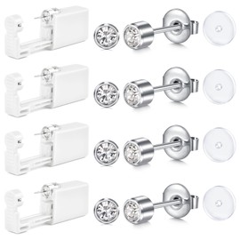 AceFun Ear Piercing Set Silver, Disposable Ear Piercing Gun Kit with 4 Pieces UV Pad Claw Design Self-Piercing Gun and Integrated Stud Earrings 3 mm 4 mm for Women Men for Ear Piercing, Gemstone