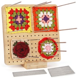 Aeeque Bamboo Lock Board for Granny Square, Granny Square Tensioner, Crochet, Blocking Board, Crochet Wood with 24 Pieces Stainless Steel Rod Pins, Handcrafted Blocking Board for Granny Square 19.5 cm