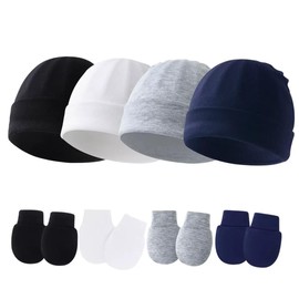baby essentials Baby Hats and Mittens Set, 4 Pairs Newborn Beanie and No Scratch Gloves, Soft Cotton Hospital Cap for Boys, Girls, Neutral ((Black + Grey)0-6months, One Size)