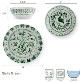 Fitz and Floyd Sicily Green 12 Piece Dinnerware Plate Bowl Set, Service for 4