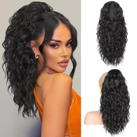 RONTAYA Ponytail Extension, 18 Inch Black Claw Clip Ponytail Extensions for Women, Multi Layered Fluffy Thick Wavy Jaw Clip in Fake Pony Tails Fake Hair Soft Wave Synthetic Hairpiece