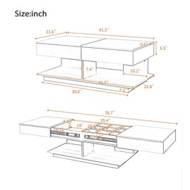 Harper&Bright Designs 41.3''-76.7'' Extendable LED Coffee Table with 16-Color Lighting - Modern High-Gloss Bluetooth-Controlled Living Room Table, Storage Compartments, Black