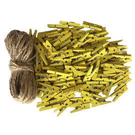 DurReus Mini Wooden Clothespins for Pictures Home Decor Tiny Clothes Pins with Jute Twine Yellow Pack 100