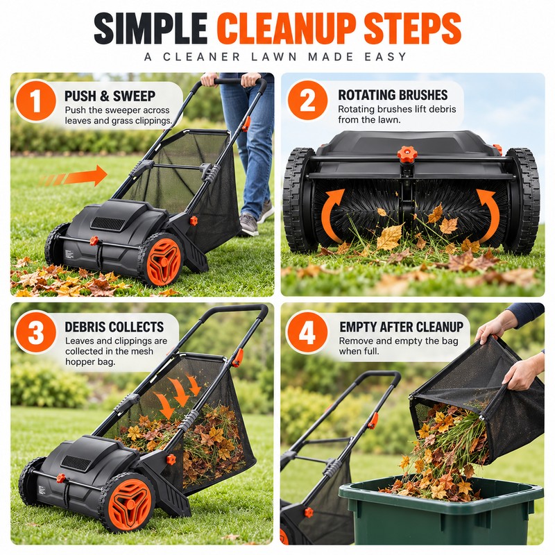 Push Lawn Sweeper for Leaf & Grass Cleanup – 21-Inch