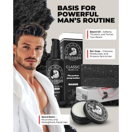 Bossman Starter Beard Kit for Men – Beard Oil (2 oz), Beard Balm & Bar Soap – Natural & Organic Grooming Kit – Made in the USA (Naked – Unscented)