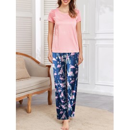 Famulily Women's Cute Pyjamas Set Ruched Shoulder Cotton Pjs Loungewear Soft Floral Sleepwear Set with Pockets Pink XL