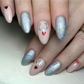 RIICFDD Christmas Press on Nails Medium Almond Fake Nails Blue Glitter False Nails Elk Glue on Nails Red Love Stick on Nails Full Cover Glossy Acrylic Nails for Women Artificial Nails 24 Pcs