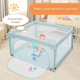 HONEY JOY Baby Playpen, Extra Large Baby Gate Playpen w/ 50 Ocean Balls, No Gaps Infant Safety Gates with Breathable Mesh & Zippered Door, Indoor Play Yards for Toddlers (Square, Blue)