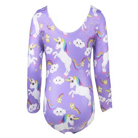 TENVDA Gymnastics Leotards for Girls 6-7 Years Old Purple Sparkly Unicorn Print Kids Long Sleeve Tumbling Outfit Bodysuits