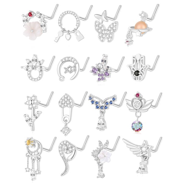 Akeoqi 16Pcs Dangle Nose Rings Studs Stainless Steel L Shape