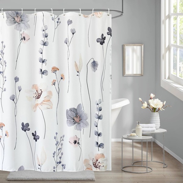 AooHome Shower Curtain, Waterproof, Mildew Resistant, 59.1 inches (150 cm) Length, Waterproof, Mildew Resistant, Blindfold, Insulated, Bath Curtain, Quick Drying, Room Divider, High Density Fabric, Unit Bath, Floral Pattern, Ring Included, Easy Installat