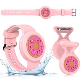 [2in1] for AirTag Bracelet & AirTag Holder with Pin, Kids Airtag Case and Kids Air Tag Bracelet Waterproof Air tag Holder Cute Design Soft Silicone Air Tag Case for Children Teens (Pink-Donuts)