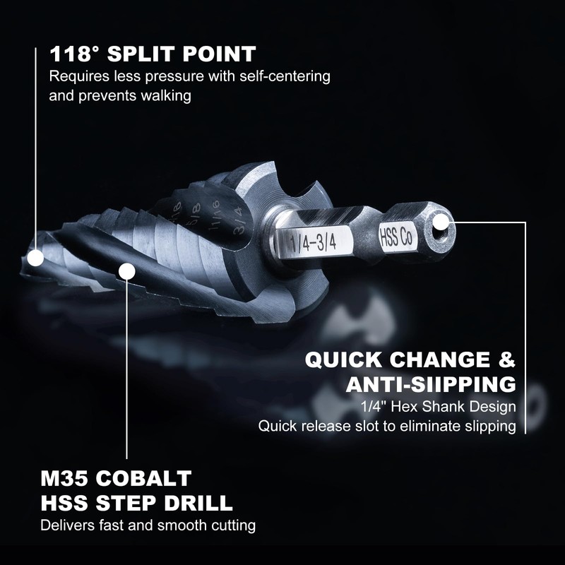 GRENPRO Titanium Four Spiral Flute Cobalt Step Drill Bits,1/4"-3/4" Impact