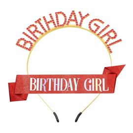 OEEYYT Birthday Girl Sash and Birthday Tiara, Birthday Decoration Crowns Girls Headband Party Decoration Birthday, Birthday Girl (Red Gold)