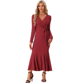 Allegra K Bodycon Long Maxi Dresses for Women 2024 Fall Sweater Ribbed Knit Casual Fishtail Mermaid Dress X-Large Red