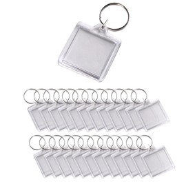 25Pcs 1.3x1.3 Inch Square Transparent Acrylic Photo Insert Keychain Blanks with Split Key Ring Rectangle Picture Frame Keychain for DIY