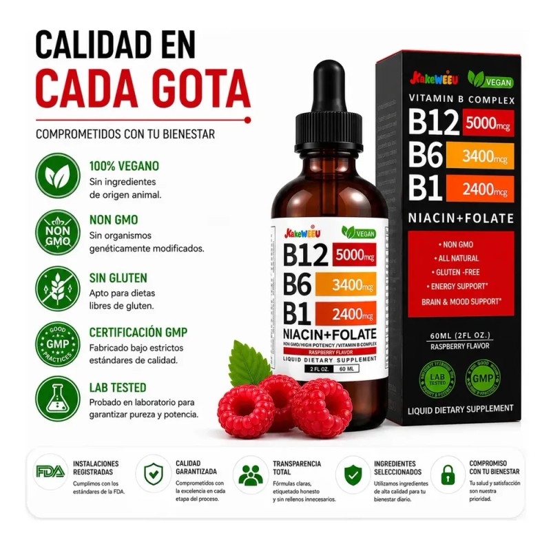 Vitamina B12 Líquida KAKEWEEU Complejo B con Metilcobalamina, para Cerebro