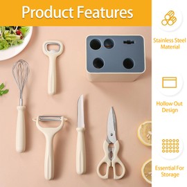 6 PCS Kitchen Utensils Set,Multifunctional Kitchen Tool Set with Bottle Opener,Practical Kitchenware Set with Egg Beater,Essential New Home Set with Scissors,Essential Kitchen Set with Peeler (White)