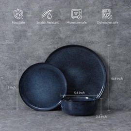 E-far Dinnerware Sets for 4, 12-Piece Stoneware Plates and Bowls Set, Reactive Glaze Dishes Dinning Ware Set, Chip & Scratch Resistant, Microwave & Dishwasher Safe - Deep Sea Blue