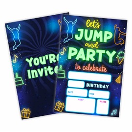 Glow Trampoline Birthday Invitations, Let's Jump & Party Birthday Invite Cards（20 Count) With Envelopes, Neon Double-Sided Fill In Style Invite Cards For Boys & Girls, Birthday Party Supplies-B07