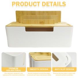 Cable Management Box with Wooden Lid, Multi-Device Organizer for Phones/Tablets/Smartwatches, Desktop Cable Organizer for a Tidy Work Area