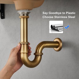 KINKIBOS Stainless Steel P-Trap 1 1/4 x 32 mm Universal for Bathroom Sink, Height Adjustable, Odour Trap, Antique Brushed Brass Drain Pipe