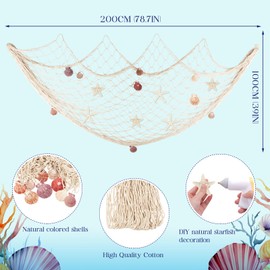 Fangoo Fishing Net Decoration Wall hanging Fishing Net nautical decor ceiling decorations Natural Colored Shells and Starfish Wedding,Photography Wall Decoration(Beige 200x100cm)