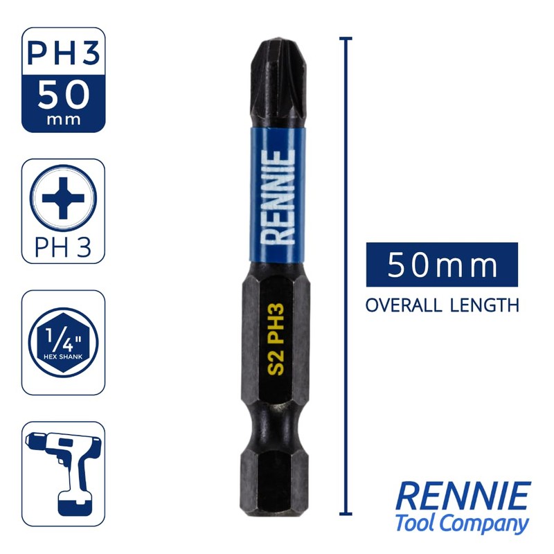 10 x Rennie Tools 50mm Long PH3 Impact Screwdriver Driver