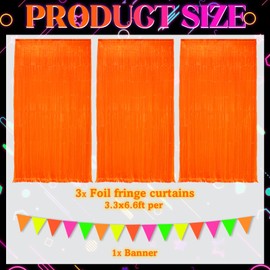 3 Pack Glow in The Dark Foil Fringe Curtains with Banner, Neon Birthday Party Decorations 9.9 x 6.6 ft Fluorescent Macaron Orange Glow in The Dark Backdrop Party Decorations Supplies