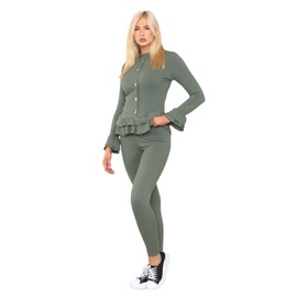 janisramone® 2 Pcs Peplum Frill Loungewear Sets for Women, Long Sleeves Fine Ribbed Lounge Set Women, Ladies Tracksuit Sets as an Airport Outfit, Womens Tracksuit Set with Gold Buttons