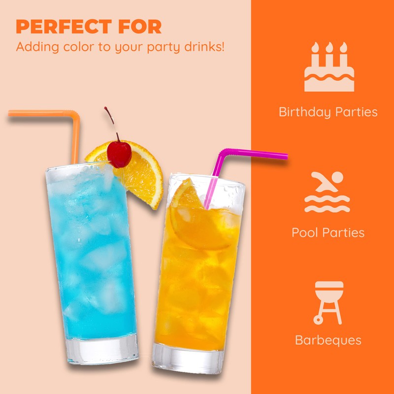 Jacent Flexible Disposable Drinking Straws, Bendable Plastic Neon Straws: 125