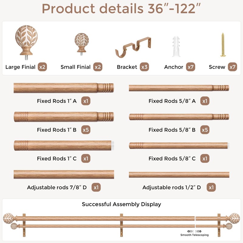 Wolistsa Boho Decorative Double Curtain Rod, 36-122 Inch, White Wood