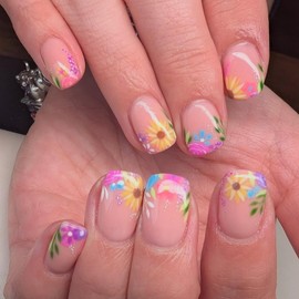 French Tip Press on Nails Short Square MABKJLF Cute Flower Fake Nails False Nails with Sunflower Rose Designs Glossy Glue on Nails Spring Summer Acrylic Nails for Women Girls 24Pcs