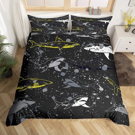Loussiesd Graffiti Shark Comforter Cover Set Cartoon Shark Duvet Cover Set for Kids Boys Animal Bedding Set Shark Illustration Quilt Cover Black Duvet Cover Double Size