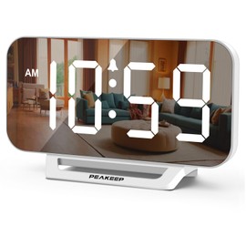 Peakeep Slim Digital Mirror Aesthetic Alarm Clock for Bedrooms Desk Decor, Plug in Electric Big LED Modern Small Clock for Office Living Room, Battery Backup, 6 Dimmers (White)