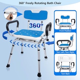 Swivel Shower Chair 500 lbs Heavy Duty Shower Chair for Elderly and Disabled - Height Adjustable Inside Shower Chair with Arms & Back - 360° Rotating Shower Bench Seat for Bathtubs