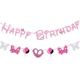 GZDUCK Mouse Birthday Decorations for Girls- Pink Mouse Birthday Banner, Glitter Mouse Birthday Decoration, Cartoon Theme Happy Birthday Banner for Girls 1st 2nd 3rd Birthday Party Baby Shower