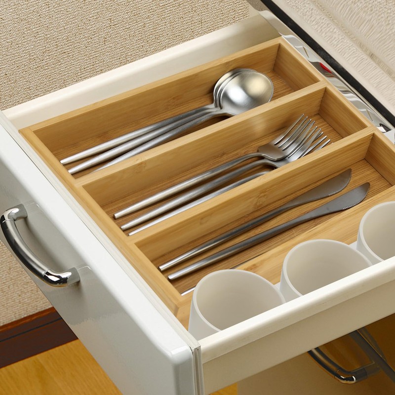 Hilislog Small Silverware Drawer Organizer Kitchen Utensils Bamboo Cutlery Tray
