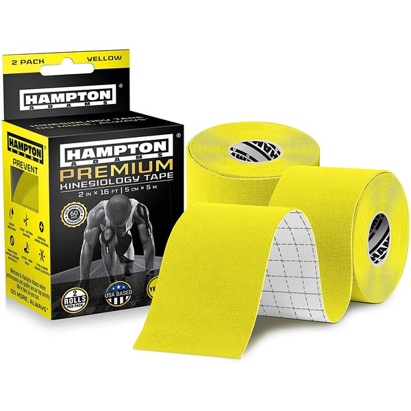 (2 Pack) Premium Kinesiology Tape | Athletic Tape Supports & Protects Muscles, Knees, Shoulders & Plantar Fasciitis | Waterproof & Hypoallergenic | Uncut Kinesio Tape (Yellow)