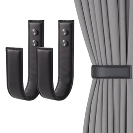 OCIOLI Modern Black Curtain Tiebacks 2 Pack - Wall Mount U-Shaped Holdbacks for Drapes, Premium PU Leather Drapery Pull Backs & Decorative Tieback Hooks with Durable Curtain Holder Design (2, Black)