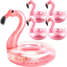 48 Inch Inflatable Flamingo Pool Float with 4 Pcs Flamingo Cup Holders Translucent Glitter Blow up Flamingo Swim Ring for Adult Kids Summer Hawaii Party Decor Pool Supplies